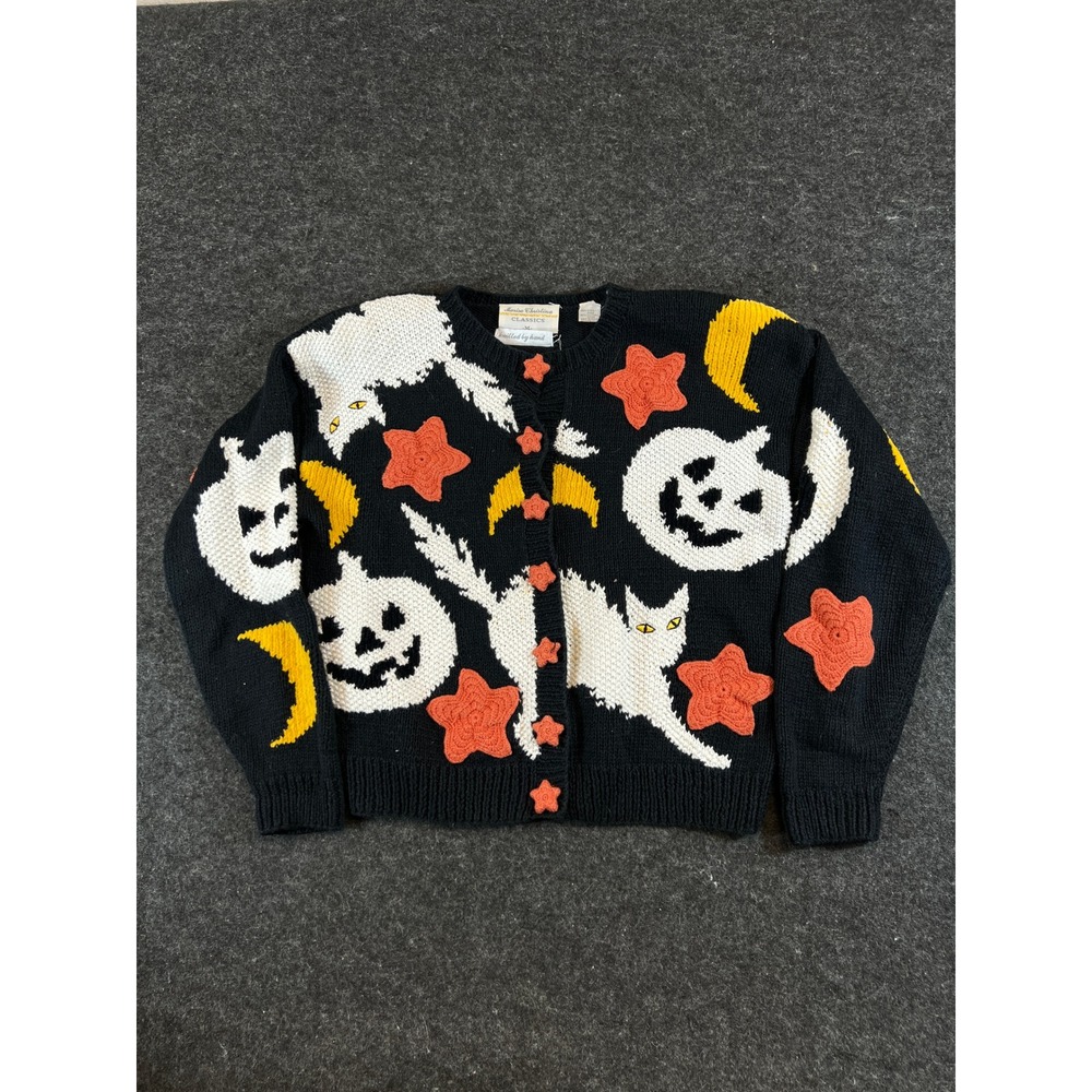 Vintage 90s Marisa Christina Halloween Cardigan Pumpkin Star Moon Womens M Black